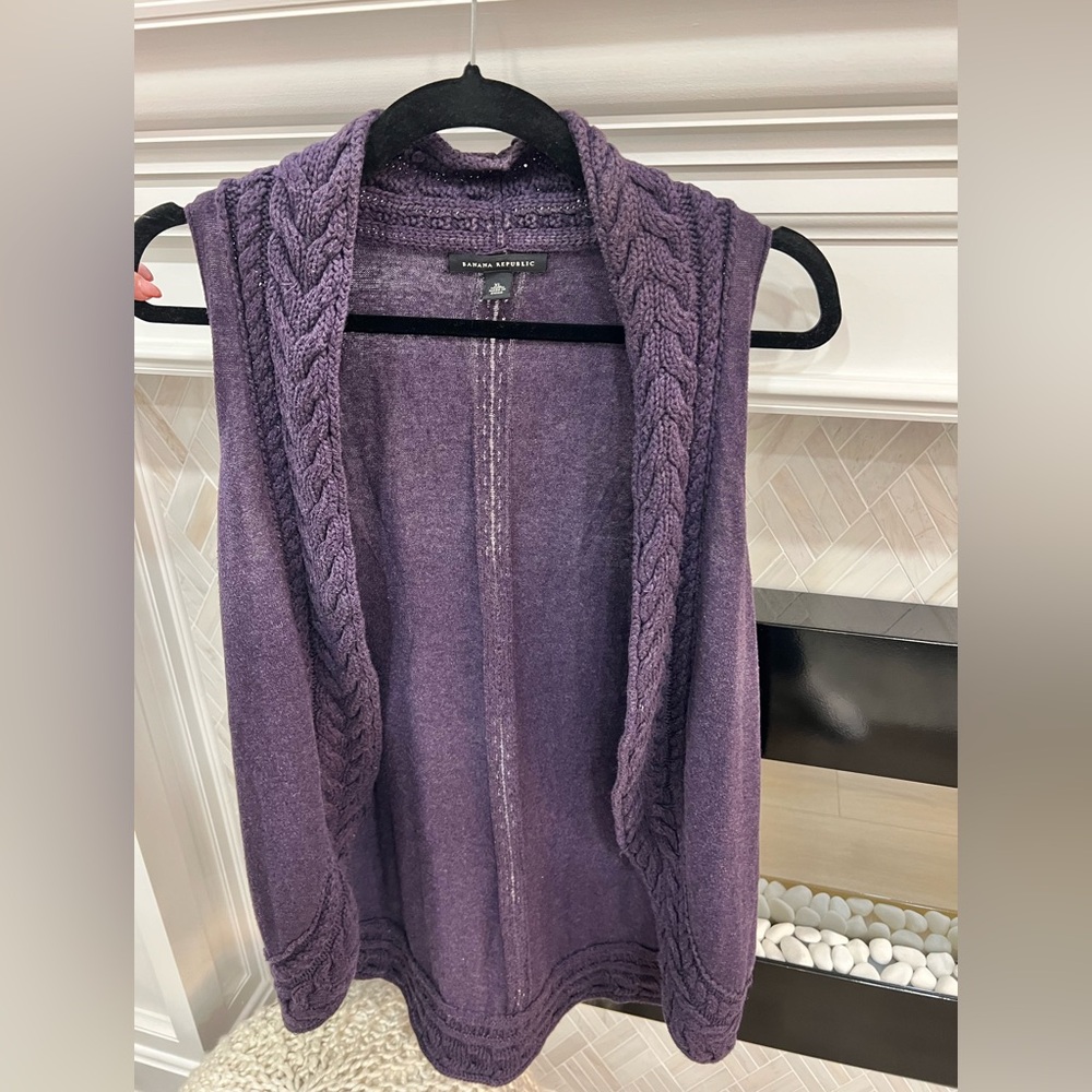 Banana Republic Purple Knit Cardigan Open Front Vest with Cable Knit Detail XL